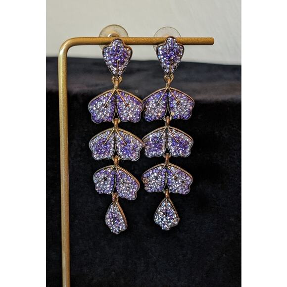 Vintage Cascading Purple Crystal Leaf Dangle Post Earrings - Picture 2 of 7